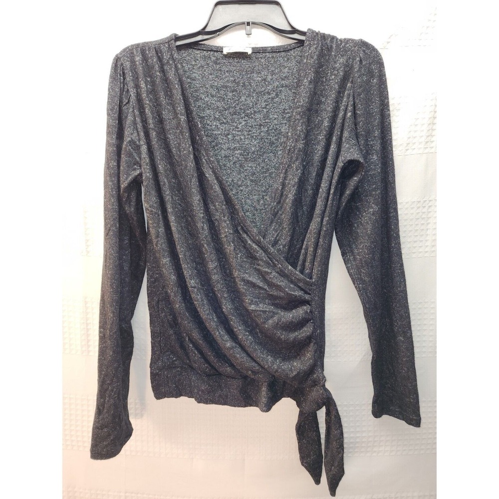 Loveappela Blouse Small Black Ruched Wrap Front V Neck Long Sleeve L3060-L164